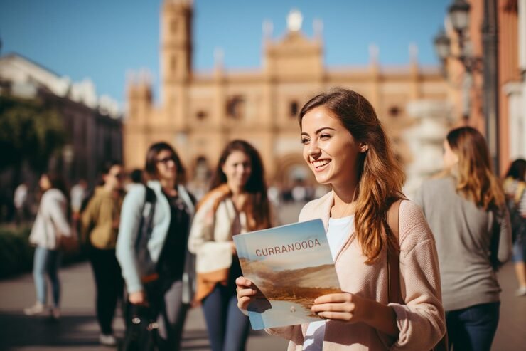 Student studying abroad with laptop and passport on desk