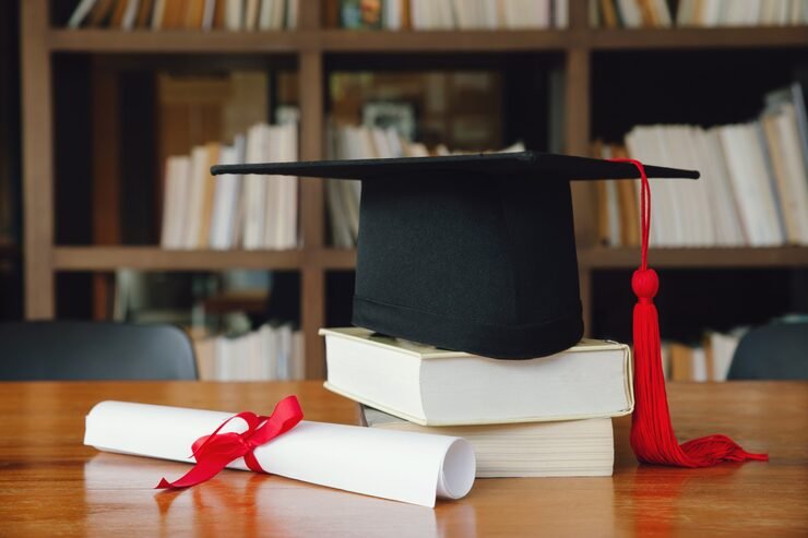Student comparing degree and diploma options with graduation cap and certificate on table